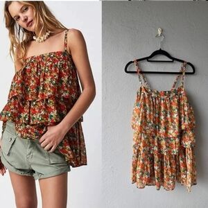 Free People FP One Talia Tunic Tiered Floral Ruffle Top Sz XS Boho